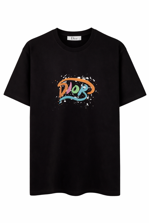 Black t-shirt with colorful 'Dior' logo on a white background